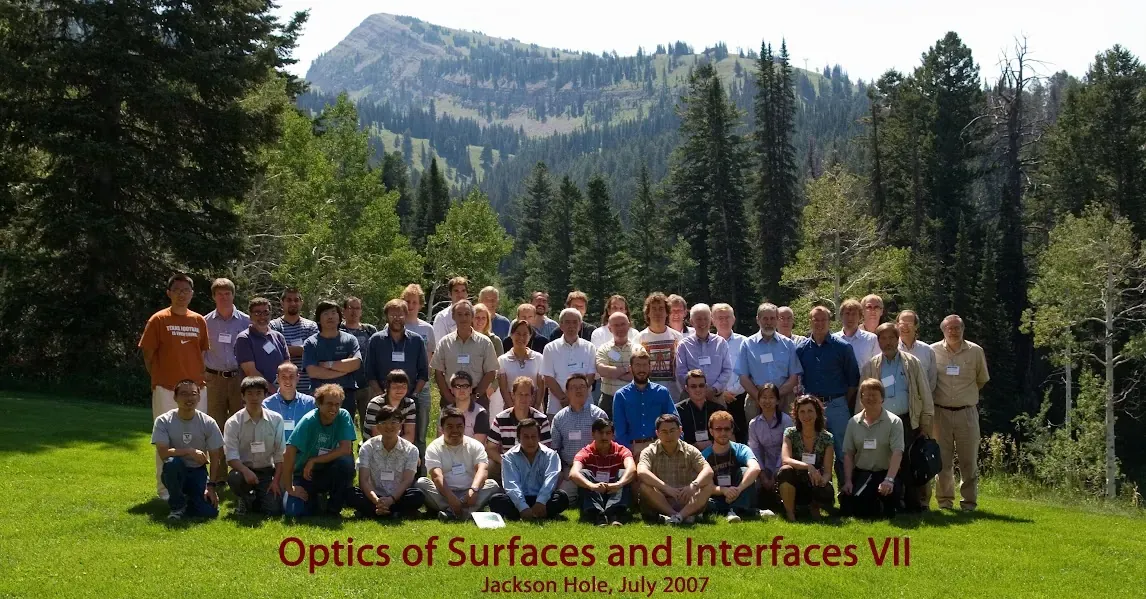 Otra foto de grupo del congreso Optics of Surfaces and Interfaces VII, con montañas y bosque al fondo.